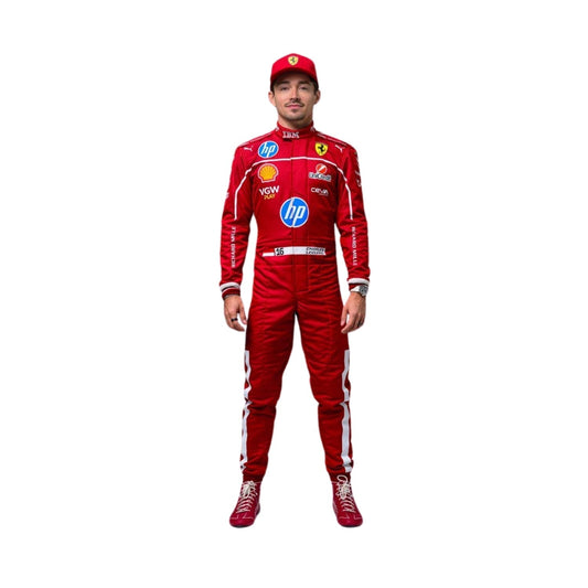 2025 F1 racing costume front view worn by Charles Leclerc featuring aerodynamic design, sponsor patches, and sharp contrast panels in red, black, and silver.