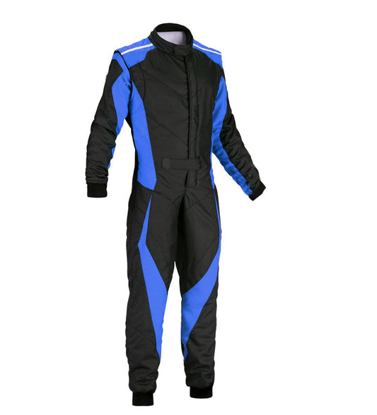 A go kart racing suit featuring long sleeves with blue accents, designed in black and blue with emblems and fine details.