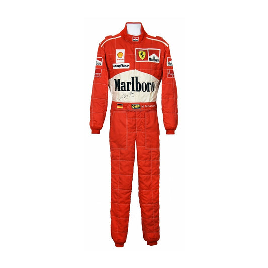 Front view of Michael Schumacher’s 1997 F1 race suit, featuring a bold design with striking red and white details, symbolizing his fierce 1997 championship run.