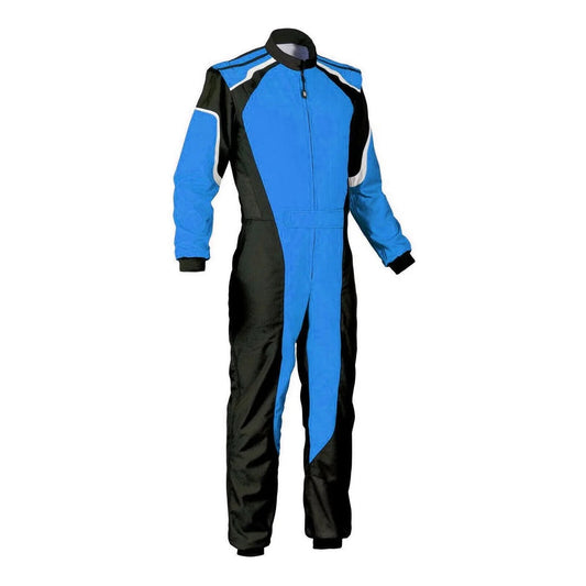 Front View of Plain Black & Blue Go Kart Racing Suit