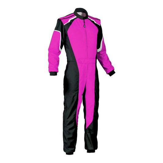 plain purple and black go-kart racing suit featuring lightweight breathable fabric, secure zip closure, stretch panels for comfort and adjustable belt – custom name option available.