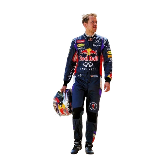 Front view of Sebastian Vettel’s 2014 F1 racing suit featuring deep blue with vibrant red and yellow accents, symbolizing energy and speed.