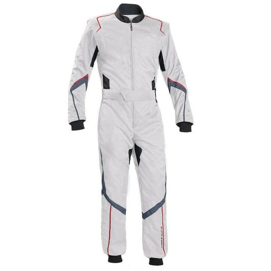 A white go-kart racing suit with red, blue, and black details, featuring a full zip closure and elasticated cuffs.