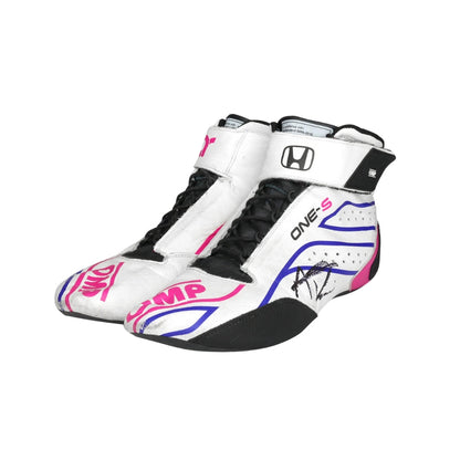 White Alexander Rossi 2022 Gallagher Grand Prix Race Winning F1 Racing boots with black, pink, and purple accents on a white background