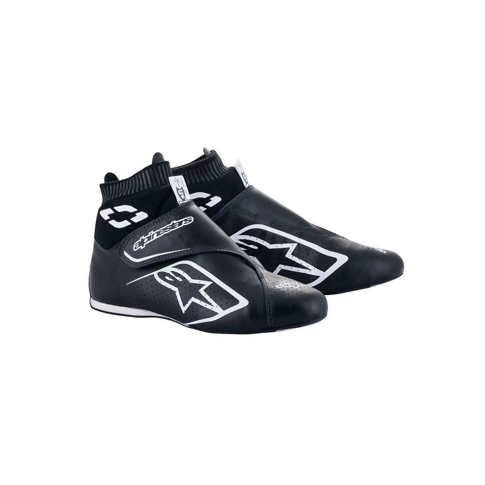 Black Alpinestars Supermono v2 racing shoes with white logo on a white background