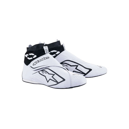 White Alpinestars Supermono v2 racing shoes with black accents on a white background