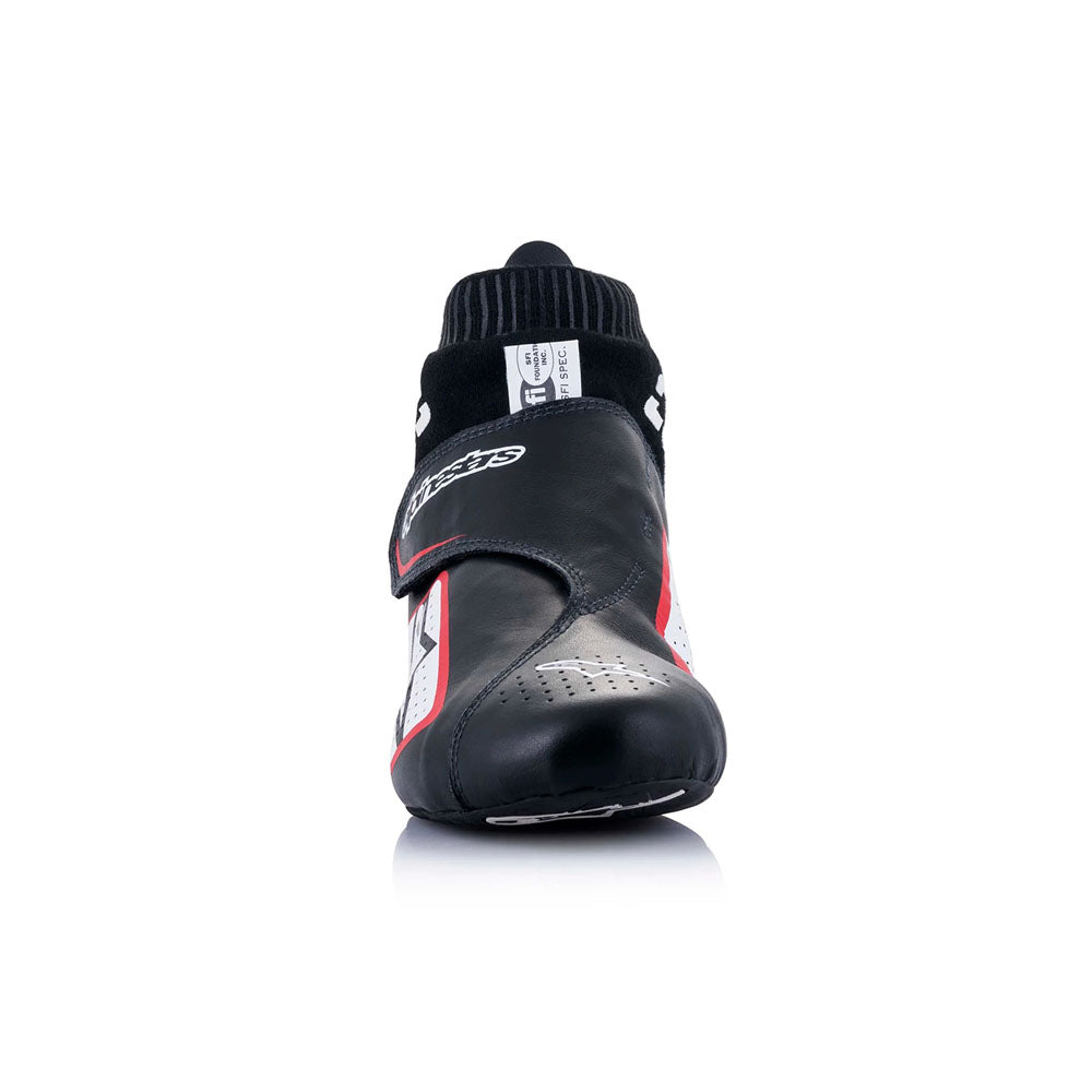 Black Alpinestars Supermono v2 racing shoe with red accents on a white background