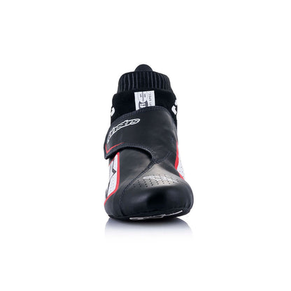 Black Alpinestars Supermono v2 racing shoe with red accents on a white background