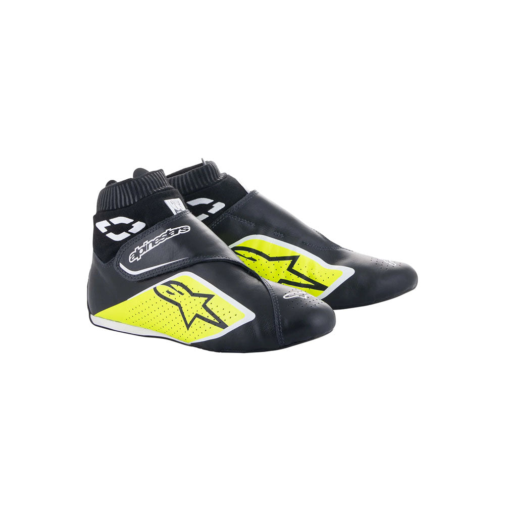 Black and yellow Alpinestars Supermono v2 racing shoes with visible branding on a white background