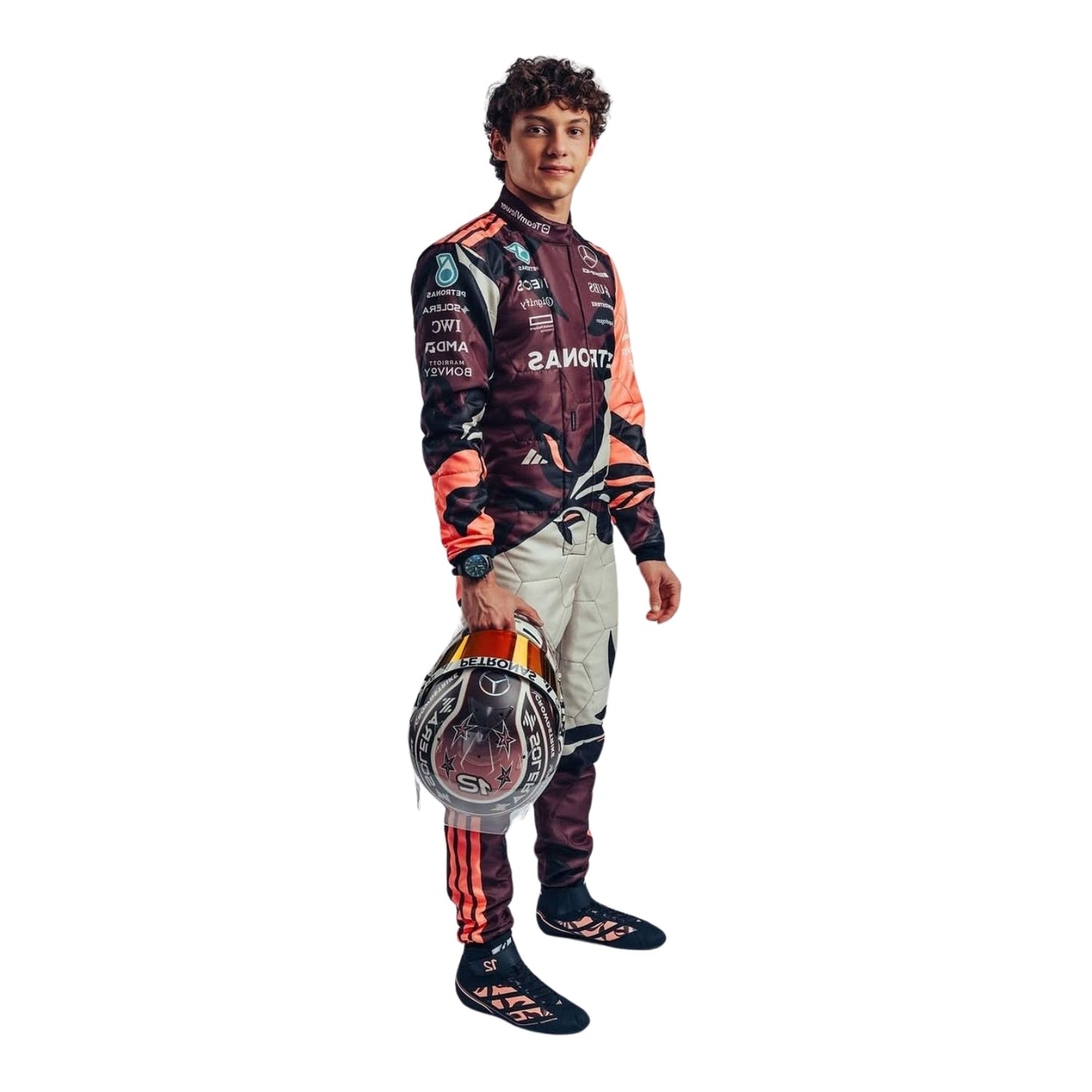 Side profile of Andrea Kimi Antonelli the 2025 Miami GP suits highlighting driver-specific accents, dynamic side striping, and sleek ergonomic shaping for high-speed performance.