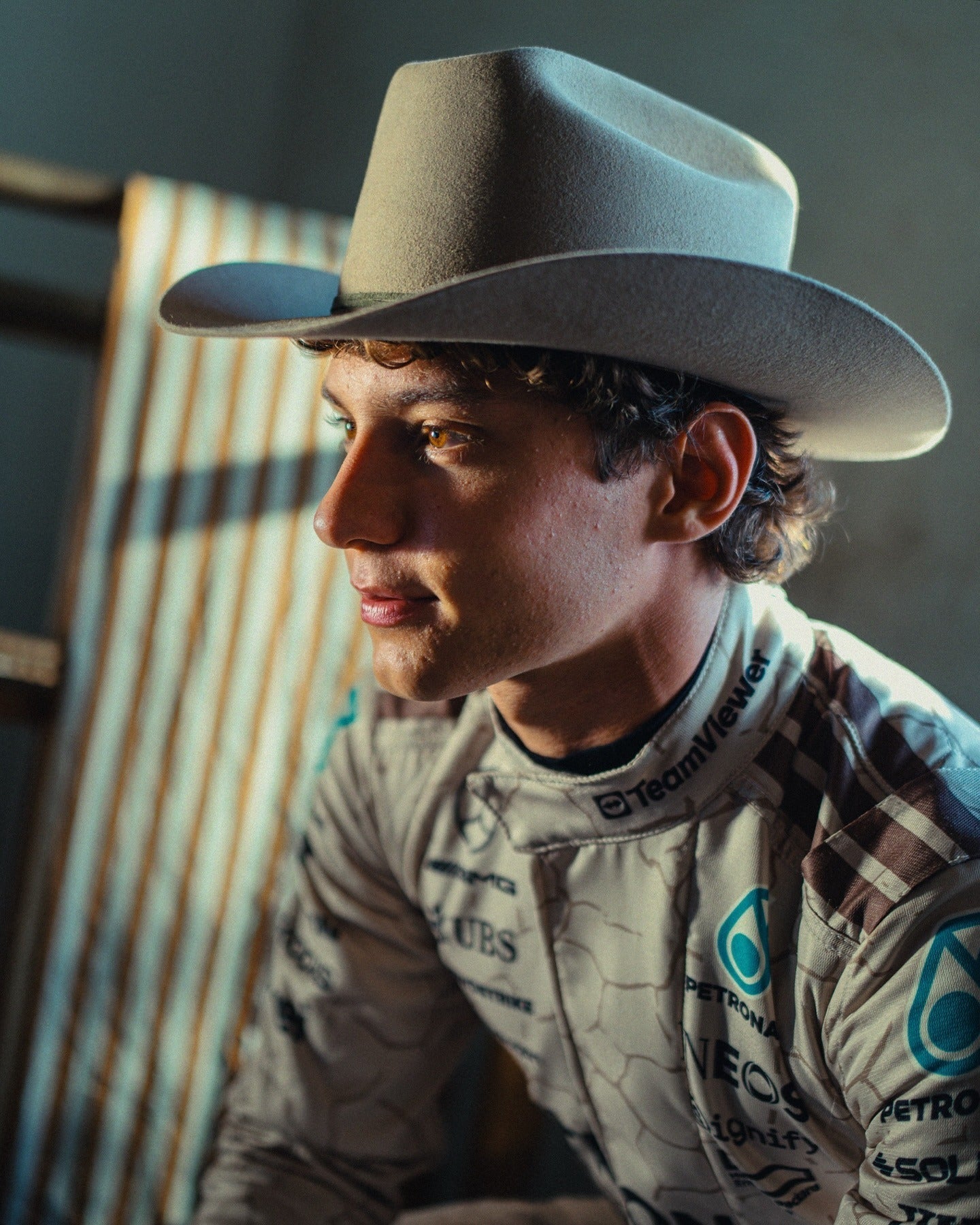 Detailed stitching and logo work on Kimi Andrea Antonelli 2025 USA Austin GP is inspired by the Mojave Desert racing suit