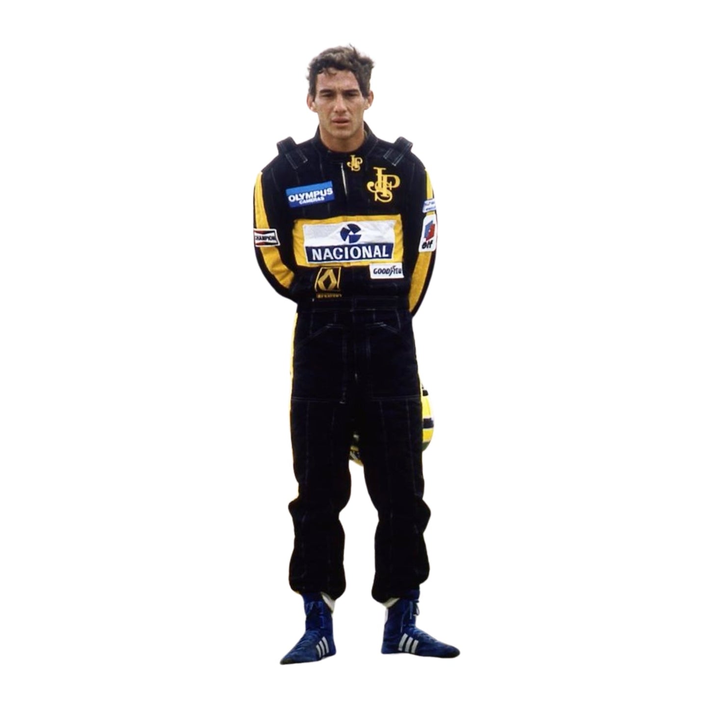 Front view of Ayrton Senna's 1985 F1 racing suit in bright red with white sponsor patches, capturing his iconic style and fearless attitude on the track.