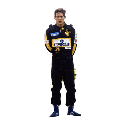 Front view of Ayrton Senna's 1985 F1 racing suit in bright red with white sponsor patches, capturing his iconic style and fearless attitude on the track.