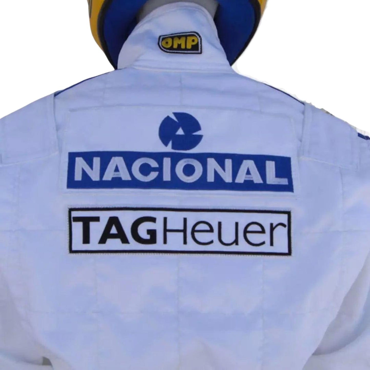 Rear view of Ayrton Senna’s 1993 Paris Bercy racing suit showcasing the red racing fabric with full sponsor paneling and unique vintage suit contours.