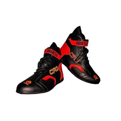 Black and red CRG 2020 Kart racing shoes with 'ORC' branding on a white background