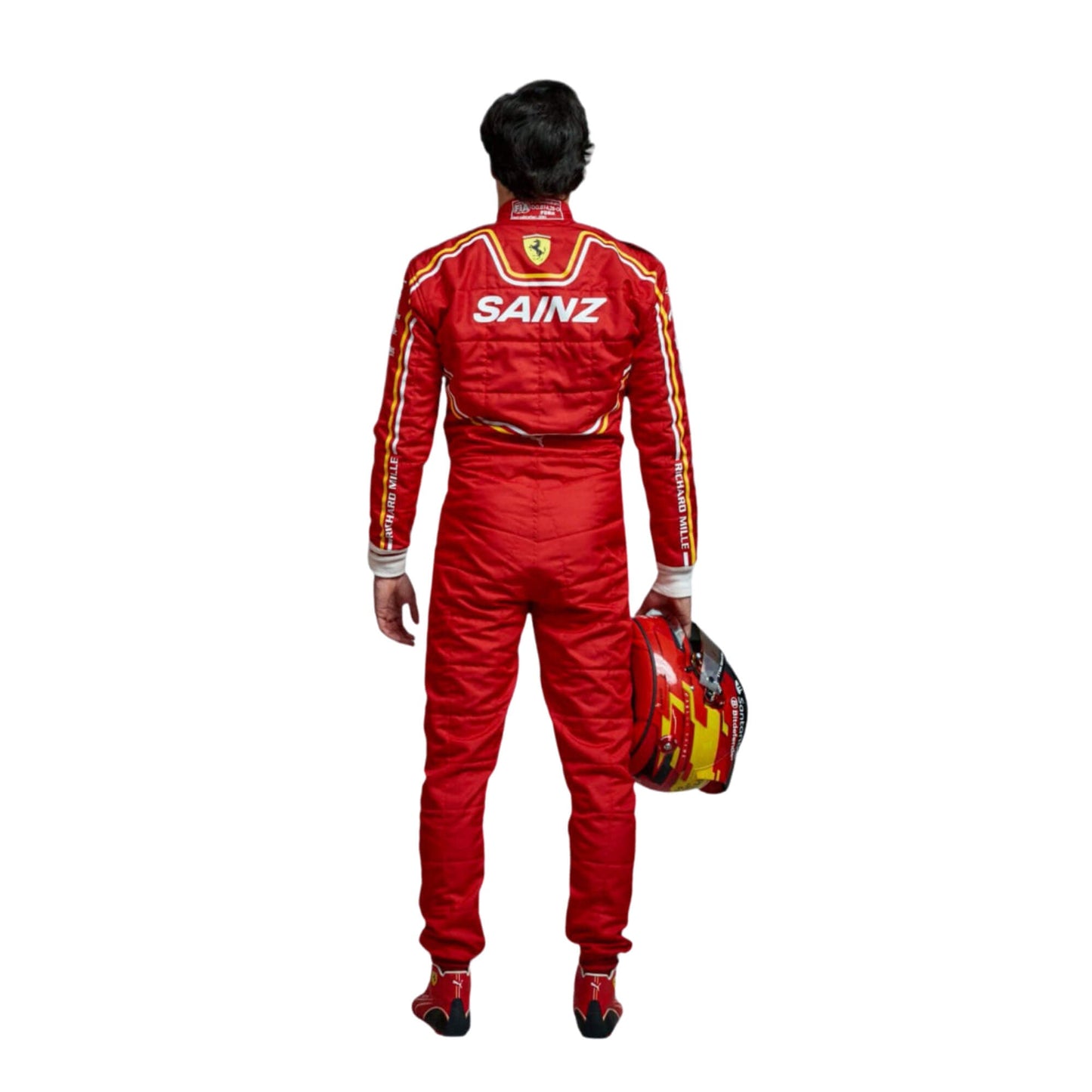 Carlos Saniz 2024 wearing a red ferrari f1 racing suit with 'Sainz' branding on a white background