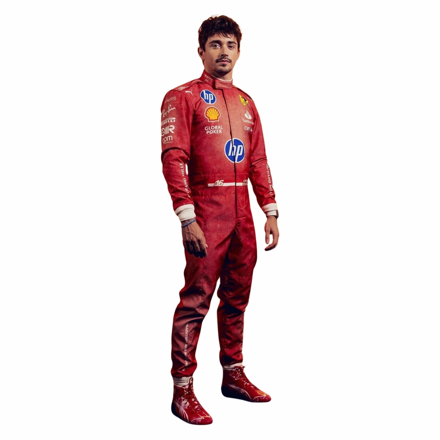 Charles Leclerc in a red 2024 Ferrari Las Vegas GP F1 racing suit with various sponsor logos on a white background