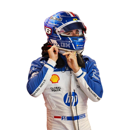 Detailed close-up of the Miami GP 2025 racing suit materials, including high-contrast stitching, driver name embroidery, and premium patches tailored for Leclerc.