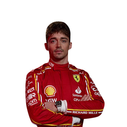 Close-up of Charles Leclerc's 2024 F1 race suit, focusing on the red material with black stitching and sponsor logos, highlighting its precision design.
