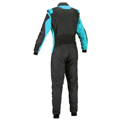 Back view of black and blue kart suit highlighting airflow channels and safety belt space.