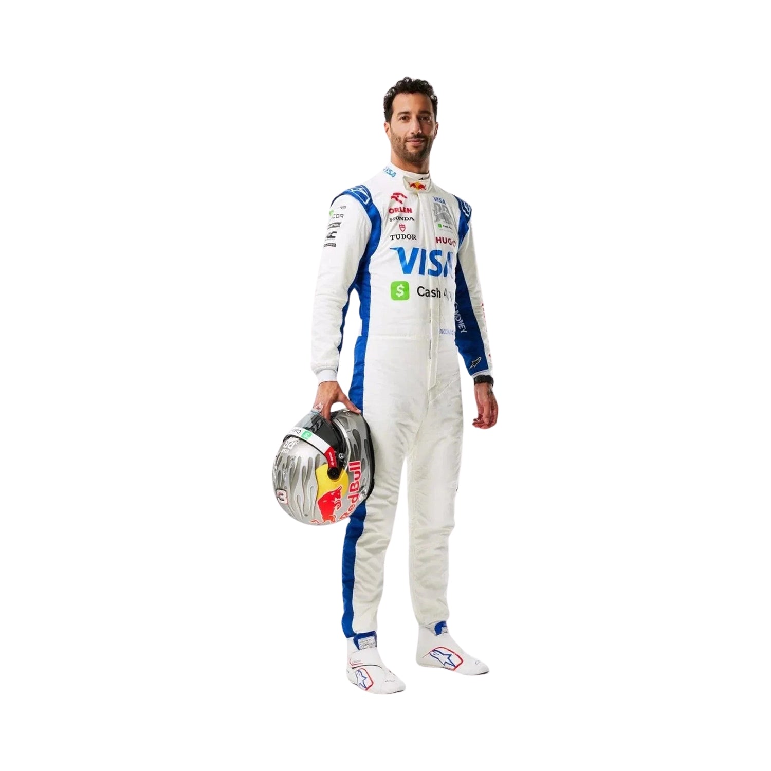 Daniel Ricciardo 2024 RB Las Vegas in a f1 racing suit holding a helmet on a white background