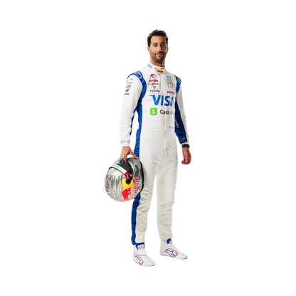 Daniel Ricciardo 2024 RB Las Vegas in a f1 racing suit holding a helmet on a white background