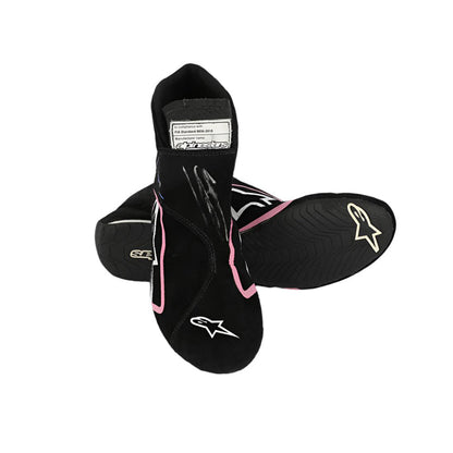 Black Esteban Ocon 2023 Miami GP F1 racing boots with pink accents on a white background