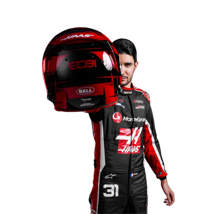 Close-up of Oliver Bearman's helmet for the 2025 season, highlighting its unique design elements.
