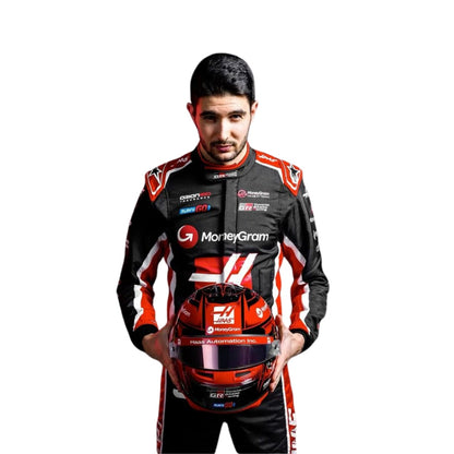 Close-up of Esteban Ocon's special edition helmet for the 2025 season, adorned with unique design elements.
