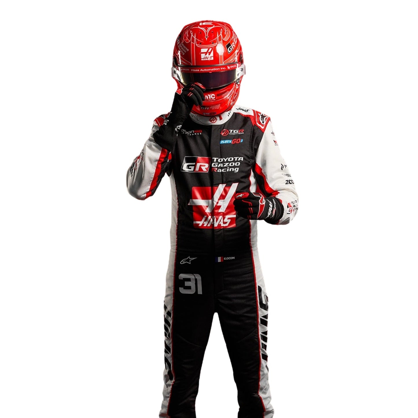Esteban Ocon Wearing 2026 Haas F1 Racing Suit with Helmet