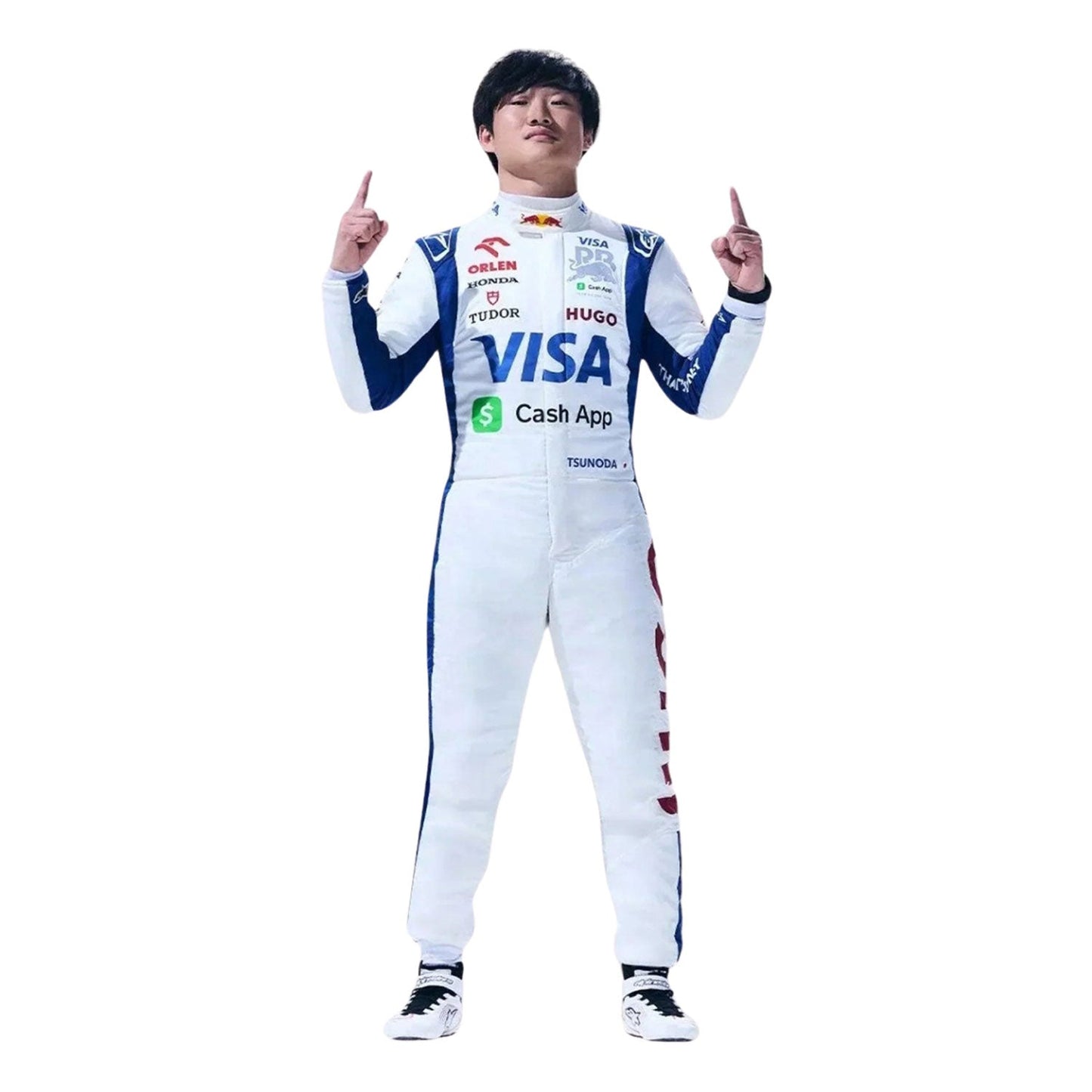 Yuki wearing a racing suit with various sponsor logos on a white background