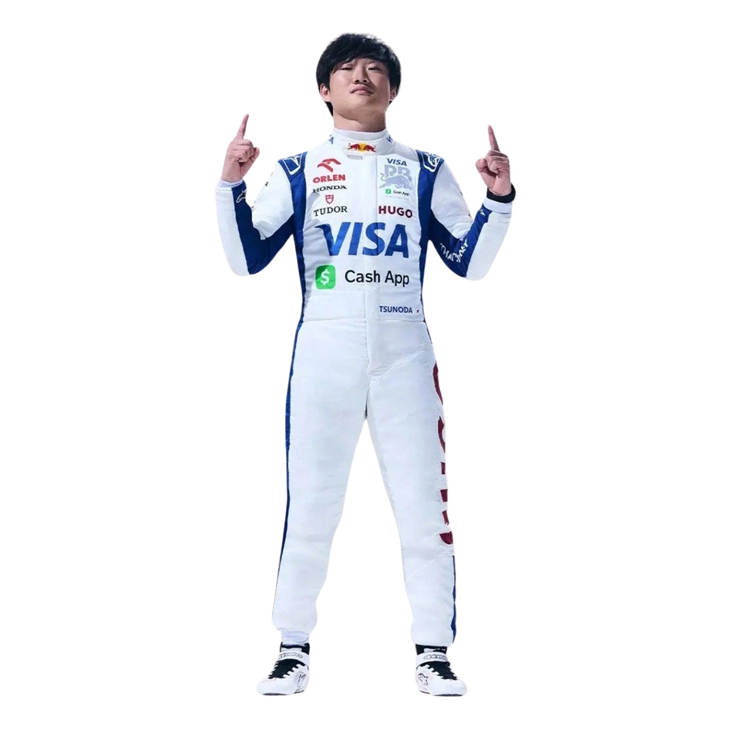 Yuki wearing a racing suit with various sponsor logos on a white background