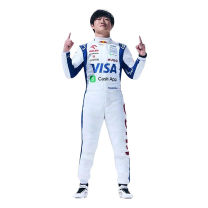 Yuki wearing a racing suit with various sponsor logos on a white background