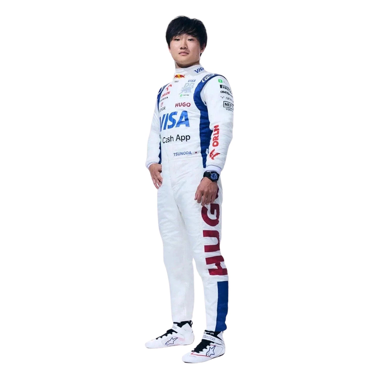 Yuki wearing a white 2024 racing suit with various sponsor logos on a white background