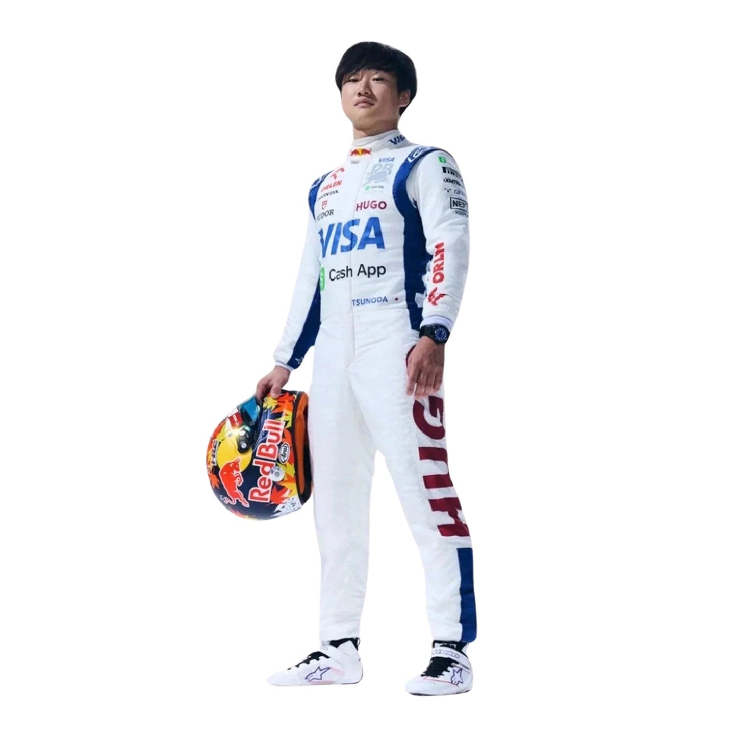 Side Profile of Yuki in a racing suit holding a helmet on a white background