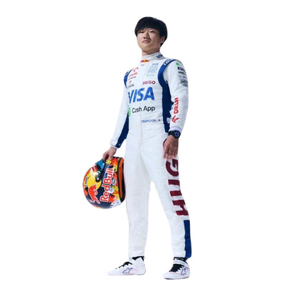 Side Profile of Yuki in a racing suit holding a helmet on a white background