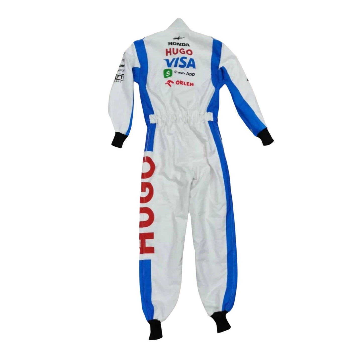 Back View of racing suit with blue accents and various sponsor logos on a white background