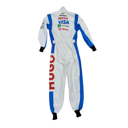 Back View of racing suit with blue accents and various sponsor logos on a white background
