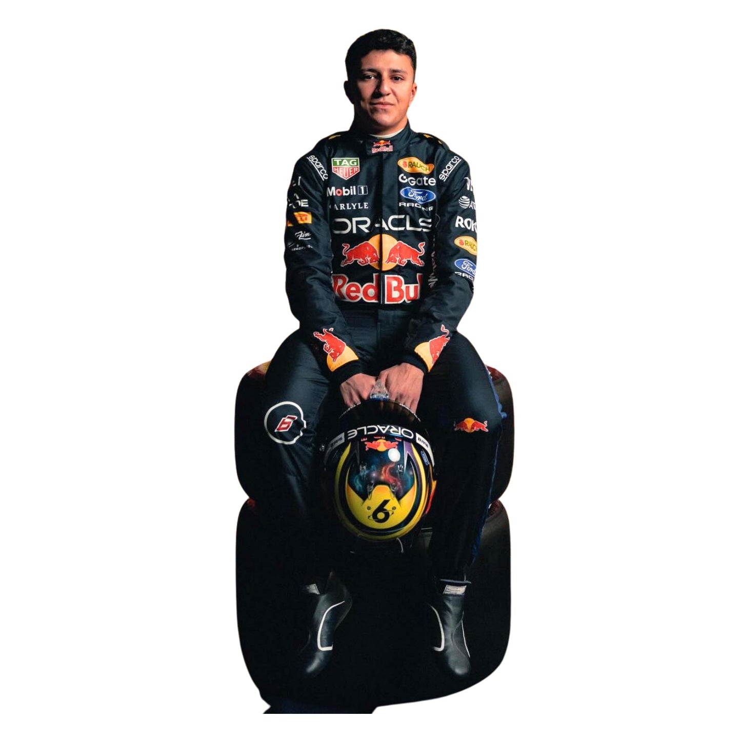 F1 Racing Costume 2026 Worn by Isack Hadjar sitting on a tyre