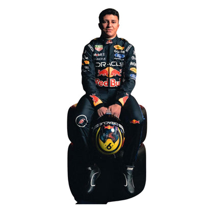 F1 Racing Costume 2026 Worn by Isack Hadjar sitting on a tyre