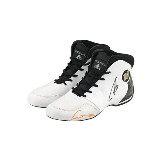 White and black Fernando Alonso 2017 Adidas F1 Racing Shoes with orange accents on a white background