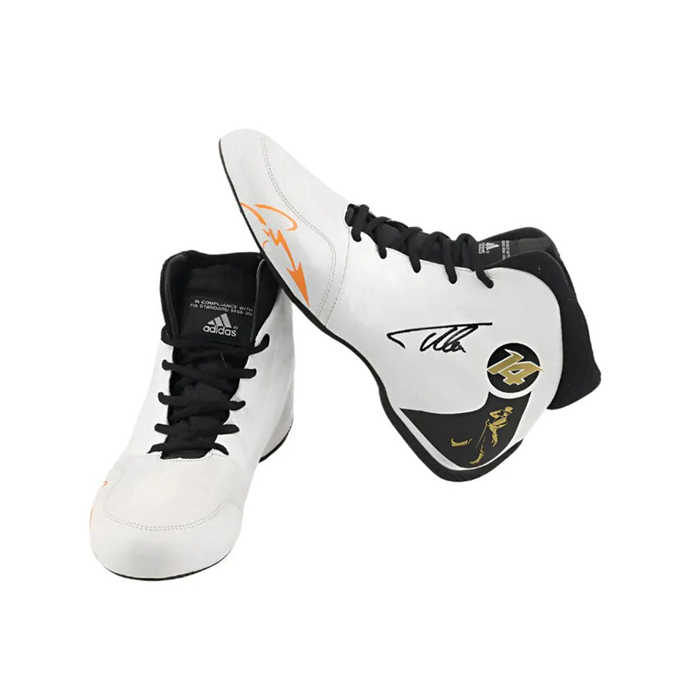 White and black Fernando Alonso 2017 athletic F1 Racing Shoes with branding on a white background