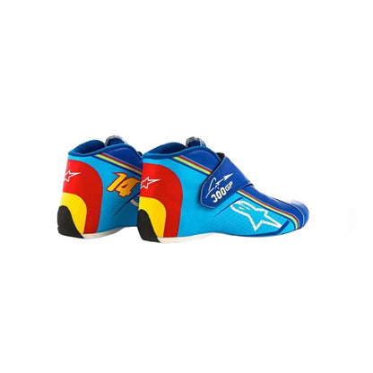 Blue and red Fernando Alonso 2018 300 GP Round 7 F1 Racing shoes with visible branding on a white background