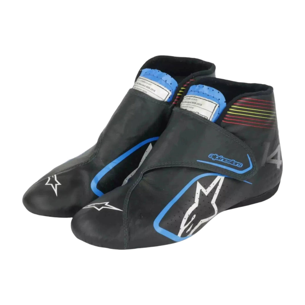 Black Fernando Alonso 2021 F1 Racing shoes with blue accents on a white background