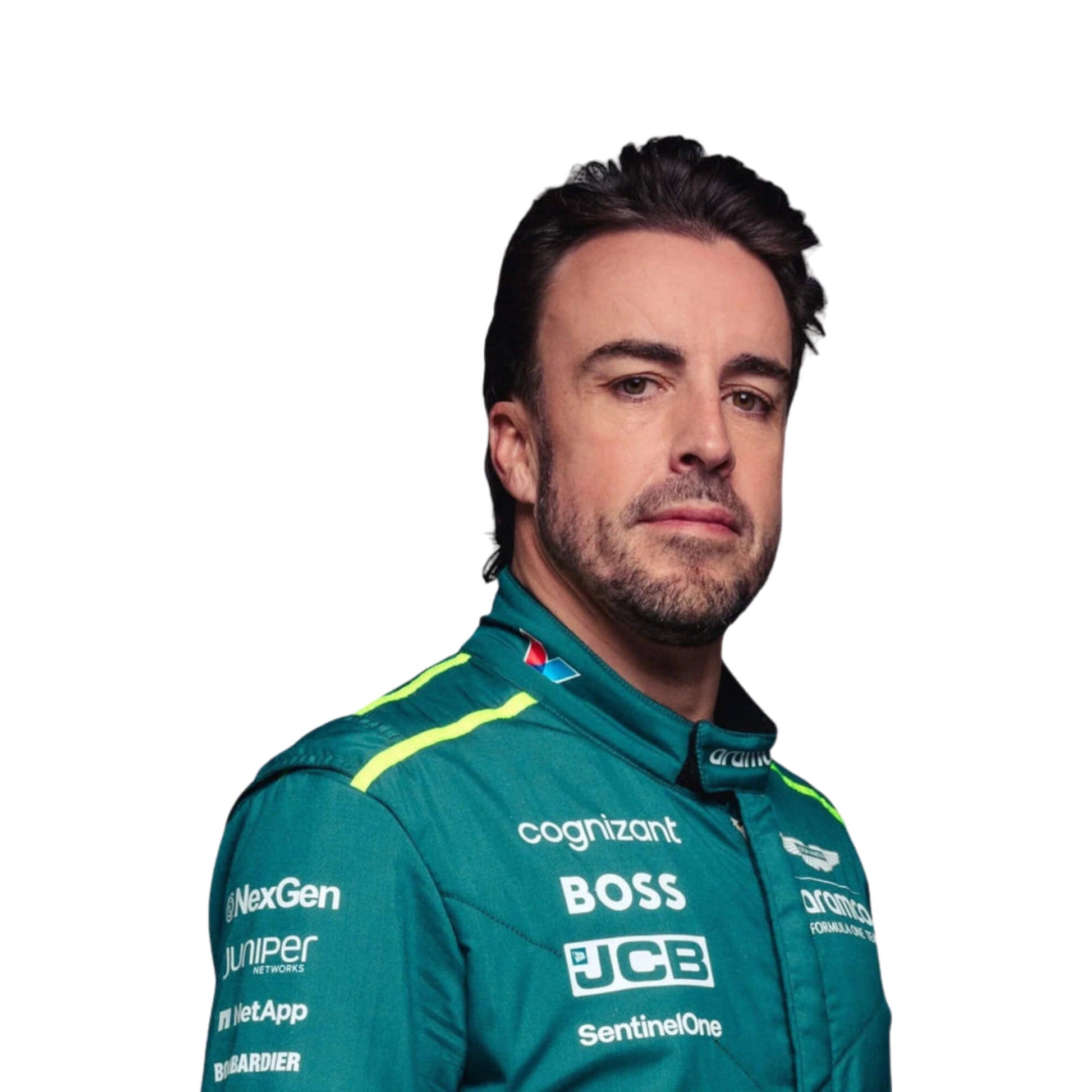 Fernando Alonso wearing a green Aston Martin F1 racing suit with various sponsor logos on a white background