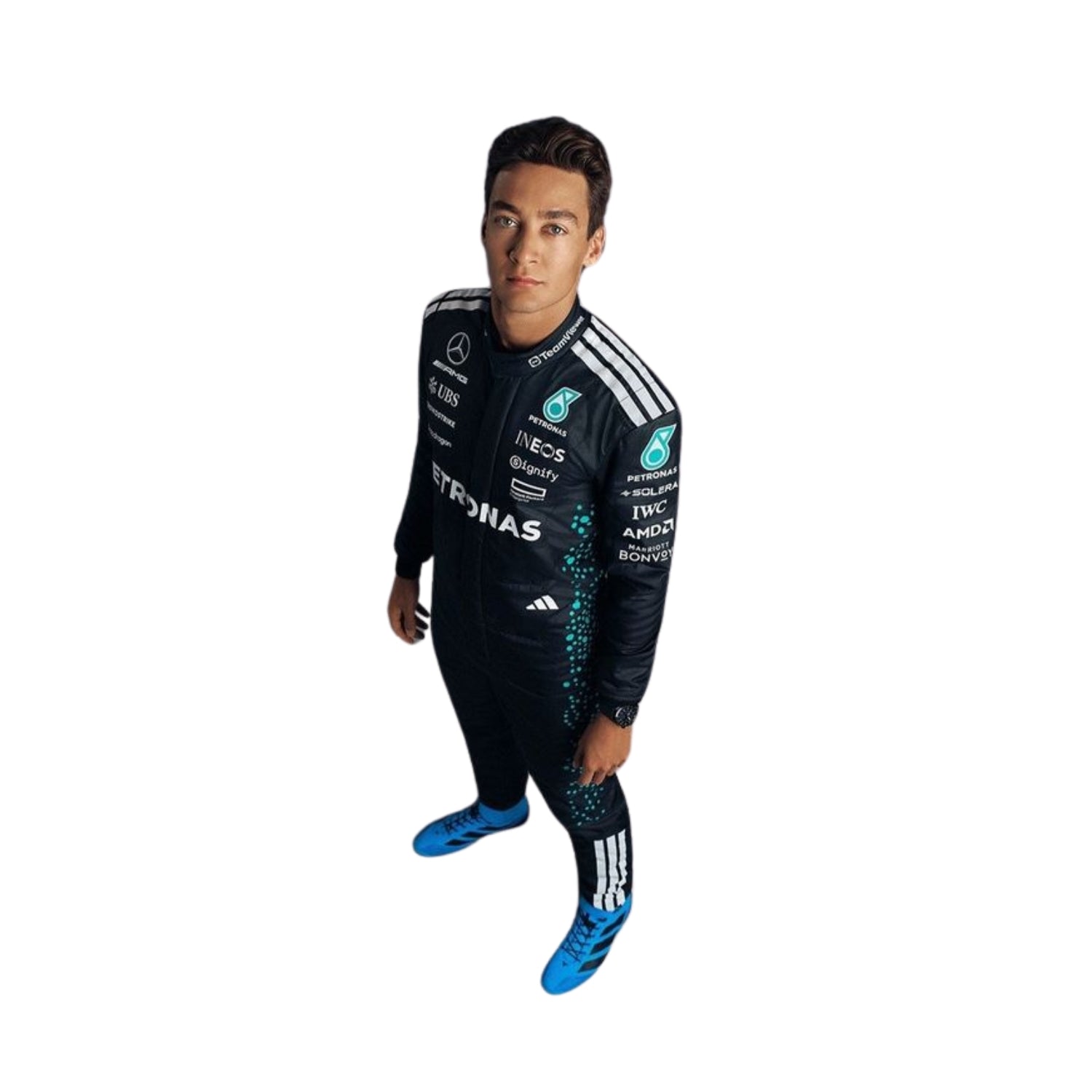 Front view of George Russell’s 2025 F1 racing suit in black and white with silver accents, showcasing race number 63 on the chest.
