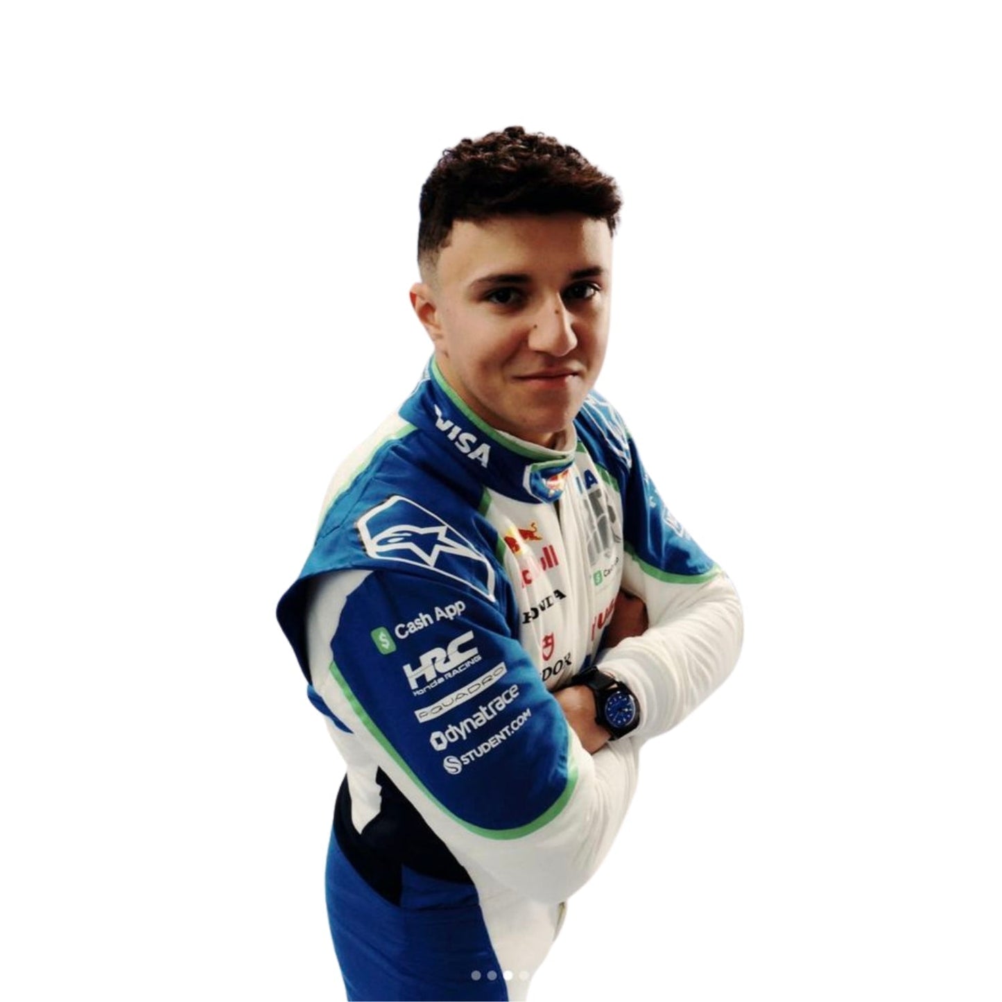 Close-up of Isack Hadjar's 2025 F1 race suit, displaying the intricate white fabric with blue and green accents and detailed sponsor logos.