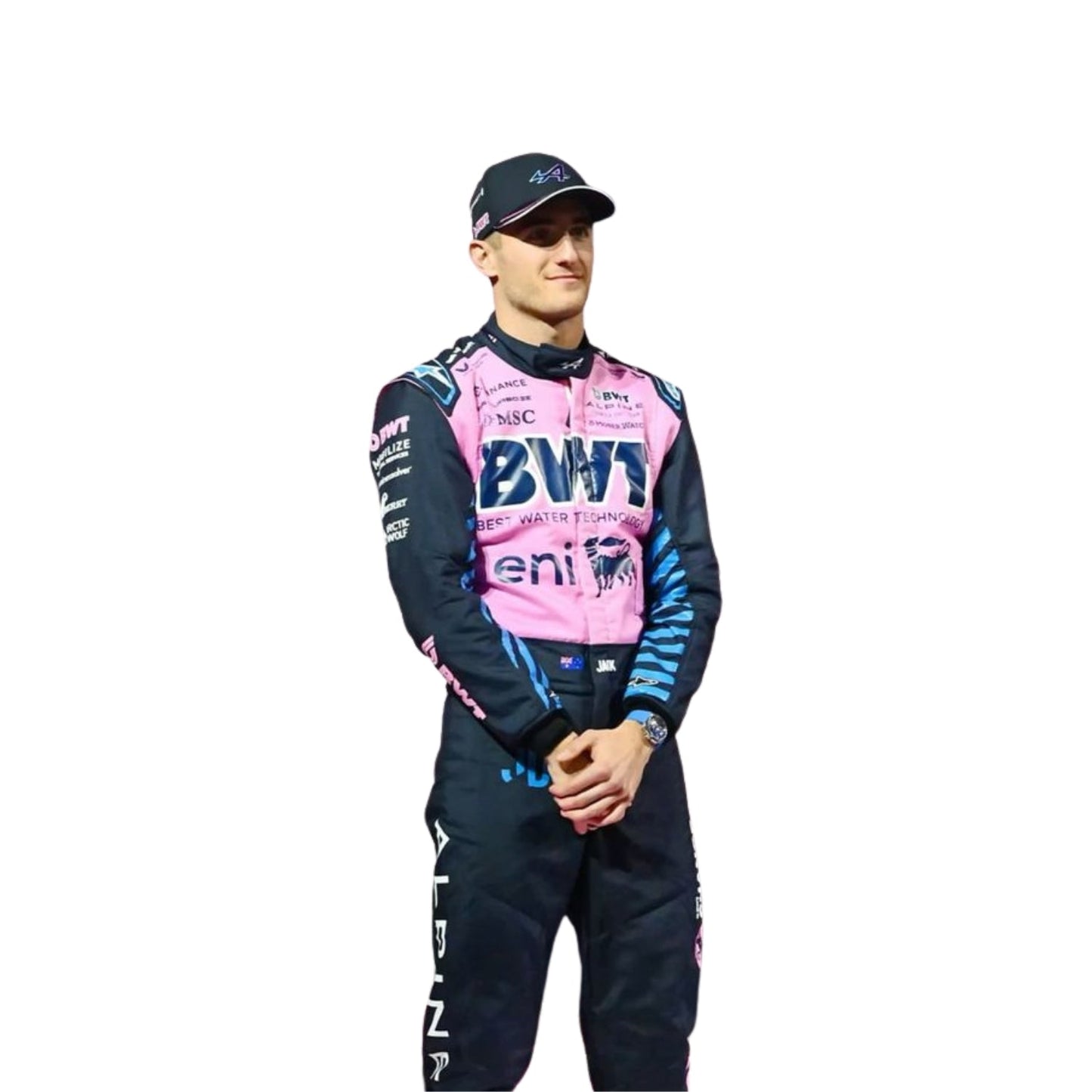 Right Side profile of Jack Doohan wearing his 2025 Alpine F1 racing suit, highlighting the suit's aerodynamic fit and detailing.
