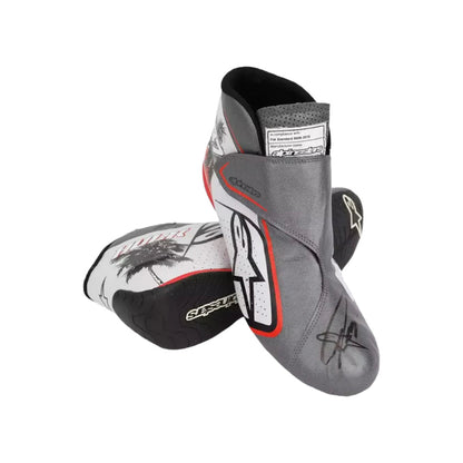 Grey and black Kevin Magnussen 2023 Miami GP F1 Racing boots with branding on a white background