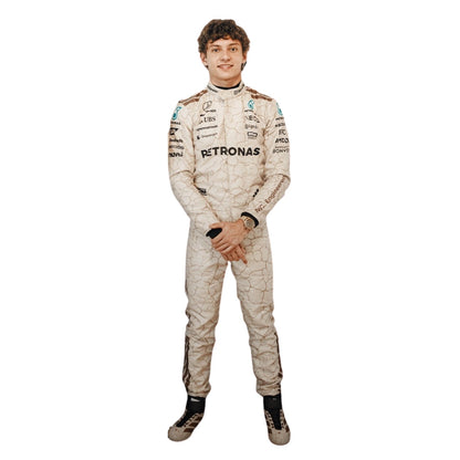 Kimi Andrea Antonelli 2025 USA Austin GP metallic silver and black F1 racing suit front view This suit is inspired by the Mojave Desert.